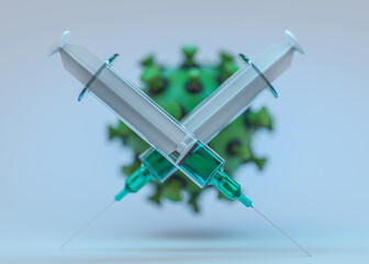 Fototapeta na wymiar Concept of a vaccine in syringes that stops the virus. 3D illustration