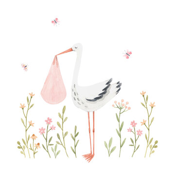 Beautiful stock clip art illustration with hand drawn cute stork bird carrying a baby girl for birthday.