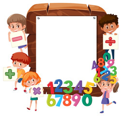 Naklejka premium Empty wooden frame with school kids and math objects