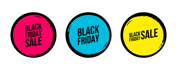 Black Friday circle labels, stickers templates with color brush strokes for Black Friday shopping, sale promotion and advertising. Vector illustration.