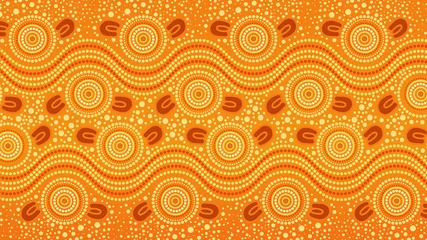 Fotobehang Oranje Aboriginal stippatroon naadloze gele achtergrond