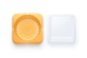 Plastic food box isolated on white background. Top view.