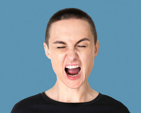 Skinhead Transgender Man, Screaming Face Portrait