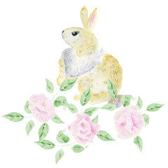 Roses and ginger rabbit. Watercolor illustration for wallpaper, wrapping paper, textiles.