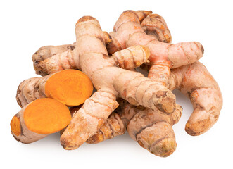 Turmeric root and sliced isolated on white background, Curcuma longa Linn or rhizome root on white background With clipping path.