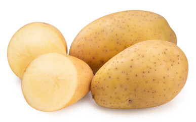 Fresh potatoes and sliced isolated on white background, Potato on white background With clipping path.