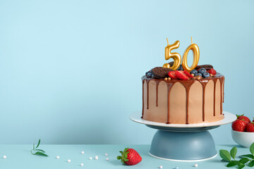 Chocolate birthday cake with berries, cookies and number fifty golden candles on blue wall...