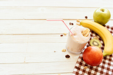fresh fruit cocktail breakfast dessert organic wood background
