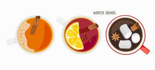 Winter drink set. Hot chocolate with marshmallow, apple cider, mulled wine. Flat Lay Hot drink with spices. Decorative Colorful Vector illustration for menu in flat style on white background.