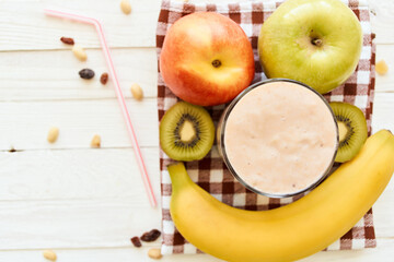 fresh fruit cocktail breakfast dessert organic wood background