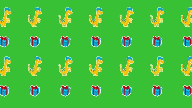 animation of a yellow lizard dinosaur with blue gift on green background - animation 