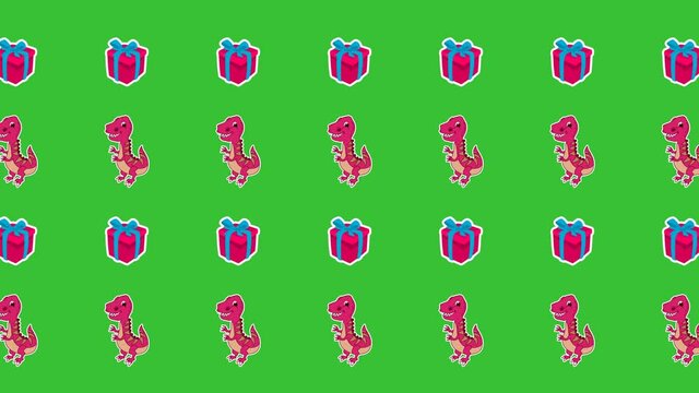 animation of a pink tyrannosaurus dinosaur with pink gift on green background - animation 