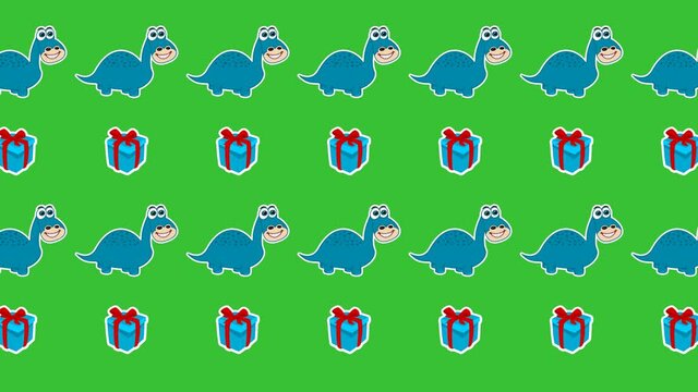 animation of a blue herbivorous dinosaur with blue gift on green background - animation 