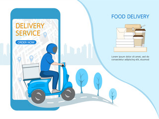 Online order shopping food on website of restaurant on touch screen mobile a smartphone. Delivery service deliver ready meal at home. Vector illustration style.