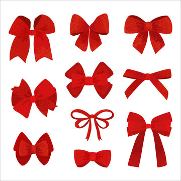 Vector colorful set with textured illustrations of gift bows with ribbons