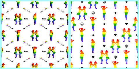 Set of vector seamless pattern LGBT pride community. The contours of the girls painted in the colors of the pride. Arrows of love, signs of gender and small hearts. Unique background. 