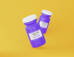 Two plastic vials from vaccine the covid-19 coronavirus, purple vials on a bright yellow background. 3d rendering.