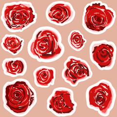 Cute stickers with red roses. Illustration for holidays and congratulations