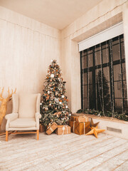 Christmas, New Year light interior, decorated fir tree with garlands and balls