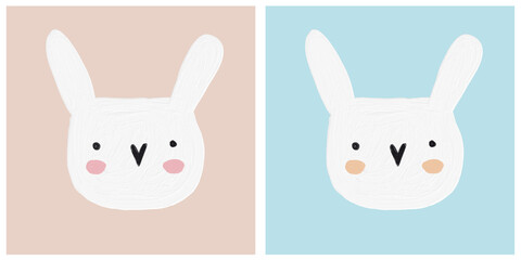 Obraz premium Cute Hand Drawn Bunny Vector Illustration. Lovely Nursery Art with Funny White Rabbit on a Light Blue and Blush Pink Background ideal for Wall Art, Poster, Card, Kids Room Decoration. Easter Print.