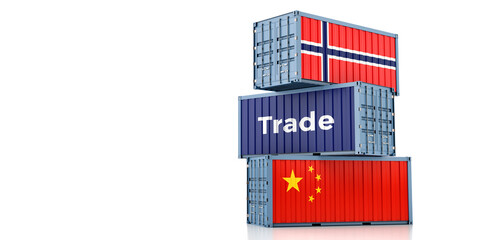 Shipping containers with China and Norway national flag. 3D Rendering 