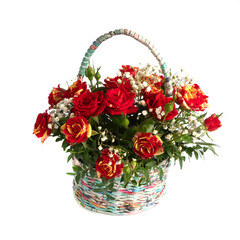 Fototapeta na wymiar festive basket with flowers. bouquet of roses. postcard congratulation. birthday. anniversary.