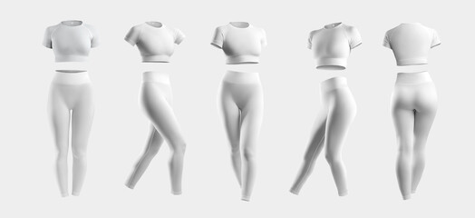 White compression suit mockup, crop top, t-shirt, leggings, 3D rendering, front, back view, isolated on background.