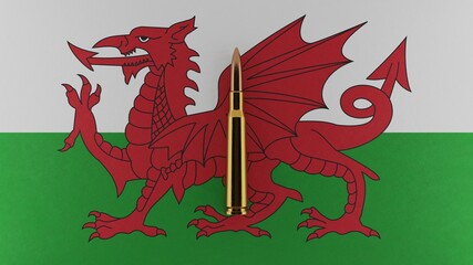 3D rendering of top down view of a single rifle bullet in the center and on top of the flag of Wales