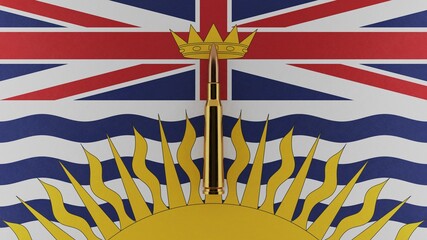 3D rendering of top down view of a single rifle bullet in the center and on top of the flag of British Columbia