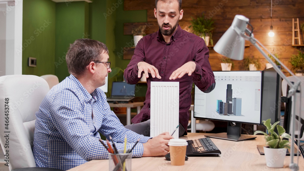 Poster architects discussing building construction analyzing architectural maquette prototype developing in