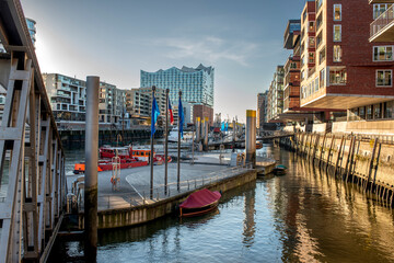 View from the Hafencity in Hamburg to the Elbphilharmonie on a shiny day in the afternoon