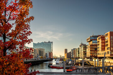 The hafencity with the elbphilharmonie in autumn on a shiny day