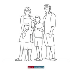Continuous line drawing of Family in summer clothes. Mother, father and two sons. Template for your design works. Vector illustration.