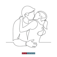 Continuous line drawing of Man and woman hug and kiss. Template for your design works. Vector illustration.