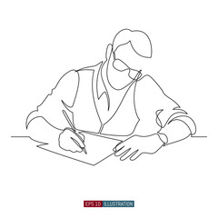 Continuous line drawing of A man with glasses is sitting at a table and writing on a piece of paper. Template for your design works. Vector illustration.