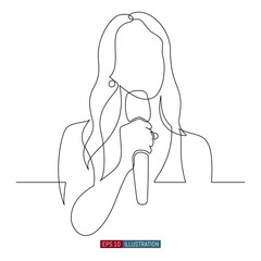 Continuous line drawing of woman with microphone. Karaoke. Singer on stage. Public speech. Template for your design. Vector illustration.