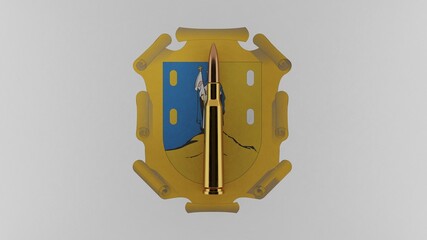 3D rendering of top down view of a single rifle bullet in the center and on top of the flag of San Luis Potosi
