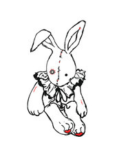 sad rabbit with clown collar and red threads  and with flower eye