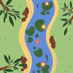 Top view of the flowing river with water lily, fishes, coast, grass. Vector illustration of summer time concept