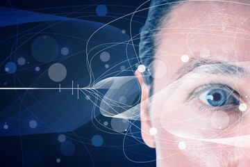 Close up portrait of male eye on creative big data background. Technology, innovation, scanning and...