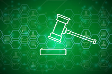 Creative digital gavel on green background. Online auction and technology concept. 3D Rendering.