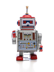 Retro style robot toy isolated on white background
