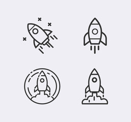 Start up, shuttle rocket line vector icon
