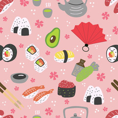 Set of different sushi and Japanese food doodles. Cute details, flowers teapot and ingredients. Seamless pattern.
