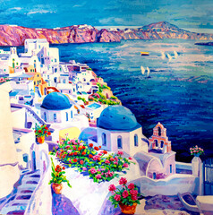 Original oil painting. Santorini painting. Modern art. - obrazy, fototapety, plakaty