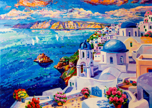 Original oil painting. Santorini painting. Modern art.