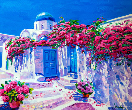 Original oil painting. Santorini painting. Modern art.