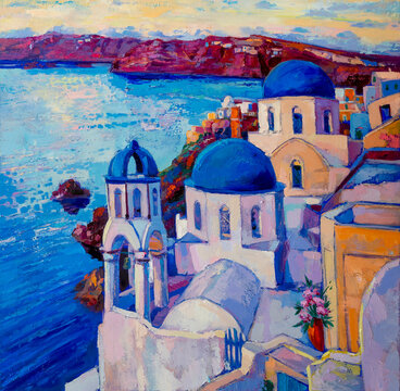 Original oil painting. Santorini painting. Modern art.