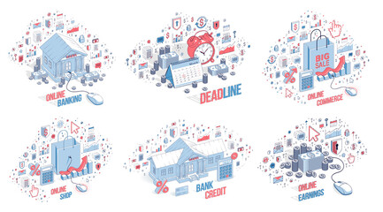 Fototapeta premium Different finance concepts illustrations 3D vector set isolated on white background, business and money conceptual designs collection, savings, bank, contract, income, safety, online.
