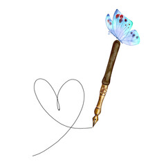 Hand drawn heart with watercolor old-fashioned fountain pen and butterfly isolated on white background